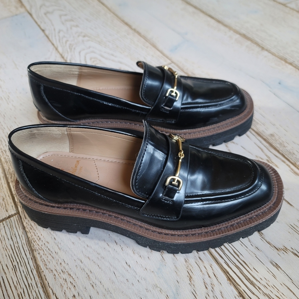 Sam Edelman Laurs Black Patent Platform Lug Sole Loafers 7.5 Gold Buckle - Picture 4 of 14